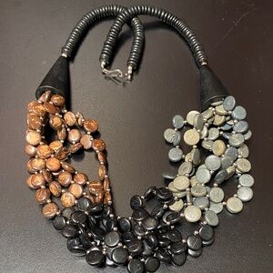 Elegant vintage Multicolor earth tone wood and silver multi strand Necklace
